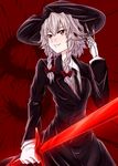  :d akabane_kuroudo alternate_costume benizuwai black_neckwear bow braid business_suit commentary_request contemporary cowboy_hat formal getbackers gloves hair_bow hat highres izayoi_sakuya necktie open_mouth red_bow red_eyes scalpel shirt short_hair silver_hair smile solo suit sword touhou twin_braids weapon white_gloves white_shirt 