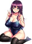  breasts cleavage competition_school_swimsuit double_v green_eyes hair_ornament hairclip highres huge_breasts kneeling one-piece_swimsuit original purple_hair shiny shiny_clothes solo sweat swimsuit thick_thighs thighhighs thighs tsukumiya_amane v 