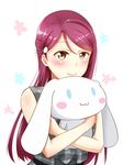  1girl :3 blush blush_stickers cinnamoroll hair_ornament hairclip half_updo highres long_hair looking_at_viewer love_live! love_live!_sunshine!! misiro_s pink_hair red_hair sakurauchi_riko sanrio simple_background smile solo stuffed_animal stuffed_bunny stuffed_toy upper_body white_background yellow_eyes 