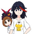  black_hair blue_eyes brown_eyes brown_hair dokonjou_gaeru kill_la_kill living_clothes mako_(macomaco7) mankanshoku_mako matoi_ryuuko multicolored_hair multiple_girls pyonkichi senketsu shirt short_hair streaked_hair t-shirt white_background 