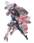  bad_artstation_id bad_id bodysuit brown_hair d.va_(overwatch) facial_mark gun handgun headphones highres jong_hwan long_hair mecha meka_(overwatch) overwatch solo twisted_torso weapon whisker_markings 