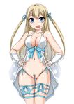  :d amagi_brilliant_park blue_hair breasts censored cleavage dress hair_ribbon hands_on_hips highres large_breasts long_hair navel open_mouth pubic_hair pussy ribbon smile solo sylphy_(amaburi) thigh_gap two_side_up very_long_hair wan'yan_aguda 