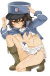  andou_(girls_und_panzer) bc_freedom_military_uniform blush boots breasts brown_eyes brown_hair girls_und_panzer hat kumasawa_(dkdkr) large_breasts military military_uniform navel panties short_hair simple_background solo sweat tan torn_clothes underwear uniform white_background white_panties 