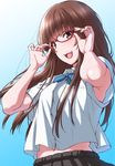  :d adjusting_eyewear amagami armpit_peek armpits bangs blouse blue_background blunt_bangs bow bra bra_peek brown_eyes brown_hair glasses gradient gradient_background kamizaki_risa long_hair looking_at_viewer midriff navel open_mouth pleated_skirt red-framed_eyewear school_uniform short_sleeves shouji_nigou skirt smile solo teeth underwear up_sleeve upper_body white_blouse 