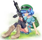  assault_rifle backpack bag belt between_breasts black_legwear blue_eyes blue_hair blush boots breasts combat_boots cross-laced_footwear eyewear_on_head full_body gun hair_bobbles hair_ornament hat heckler_&amp;_koch highres hk416 impossible_clothes kawashiro_nitori key lace-up_boots looking_at_viewer magpul medium_breasts midriff navel open_mouth rifle ruku_rx short_sleeves sitting skirt smile solo strap_cleavage string sunglasses thighhighs touhou trigger_discipline twintails two_side_up weapon 