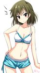  bare_shoulders bikini blush breasts brown_hair cleavage hand_on_hip highres idolmaster idolmaster_million_live! looking_at_viewer medium_breasts nagayoshi_subaru natsu_(anta_tte_hitoha) navel short_hair shorts sketch solo swimsuit 