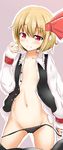  absurdres black_panties blonde_hair blush hair_ribbon highres hiyameshi long_sleeves looking_at_viewer midriff navel open_clothes open_shirt open_vest panties panty_pull purple_background red_eyes ribbon rumia shirt short_hair simple_background solo sweatdrop touhou underwear vest 