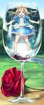  apron blonde_hair blush bubble cup day dress drinking_glass flower grass green_eyes highres in_container in_cup long_hair mary_janes minigirl nature open_mouth original outdoors puffy_sleeves red_flower red_rose rose scenery shoes short_sleeves sky socks sody solo stream submerged tree water white_legwear 