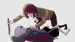  androgynous animated animated_gif barefoot black_legwear bossmonsterbani brown_hair chara_(undertale) clothes_grab heart heart_necklace hood hoodie jacket_grab jewelry knife necklace no_eyes red_eyes sans simple_background skeleton spoilers stabbing subtitled sweat sweating_profusely undertale 