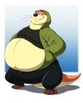  anthro barefoot belly belly_overhang big_belly claws clothed clothing double_chin fur grin hands_in_pockets hoodie male mammal moobs mustelid obese obese_male orange_fur otter overweight overweight_male pokelai simple_background smile solo standing straining_buttons tan_fur teeth toe_claws whiskers wide_hips 