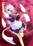  apron arm_up braid clock cross_(crossryou) dress izayoi_sakuya knife maid maid_headdress open_mouth puffy_short_sleeves puffy_sleeves purple_dress red_eyes shirt short_sleeves silver_hair solo standing standing_on_one_leg touhou twin_braids waist_apron 