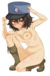  1girl andou_(girls_und_panzer) blush boots breasts brown_eyes brown_hair girls_und_panzer hat kumasawa_(dkdkr) large_breasts navel nipples nude open_mouth short_hair simple_background solo sweat tan white_background 