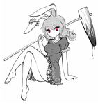  animal_ears barefoot bunny_ears crossed_legs dress full_body greyscale kine looking_at_viewer monochrome no_nose raptor7 red_eyes seiran_(touhou) short_dress sitting solo spot_color stain touhou 