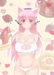  animal_band_legwear animal_ears arms_behind_back bangs blush bra breasts cake cat_band_legwear cat_cutout cat_ear_panties cat_ears cat_lingerie cleavage cleavage_cutout collarbone cowboy_shot dessert food fruit headphones heart kurobeni_rozu large_breasts long_hair looking_at_viewer meme_attire navel nitroplus panties pink_eyes pink_hair smile solo strawberry super_sonico swiss_roll tart_(food) thigh_gap underwear underwear_only yellow_background 