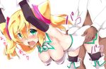  1girl bent_over black_legwear blonde_hair blush boots breasts doggystyle drooling elbow_gloves gloves green_eyes hacka_doll hacka_doll_1 hetero large_breasts long_hair nipples open_mouth rocha_(aloha_ro_cha) sex solo_focus sweat thigh_boots thighhighs twintails 