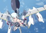  aqua_hair breasts cleavage ea-6_prowler elbow_gloves garter_belt gloves highres jet_engine looking_to_the_side mecha_musume medium_breasts nenchi red_eyes skin_tight solo swimsuit wings 