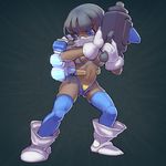  adapted_costume bangs bikini black_hair blue_eyes blue_legwear boots dark_skin full_body gloves gun nuclear_throne onlineworms respirator rogue_(nuclear_throne) rogue_rifle short_hair side-tie_bikini solo standing swimsuit thighhighs weapon white_gloves 