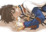  belt bracelet brown_hair cape earrings feather_earrings feathers fingerless_gloves gloves green_eyes jewelry looking_at_viewer lying male_focus on_side rereren smile solo sorey_(tales) tales_of_(series) tales_of_zestiria upper_body white_gloves 