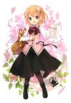  absurdres basket blue_eyes blush boots bow bowtie bread brown_hair carrying cup detexted floral_background flower food gochuumon_wa_usagi_desu_ka? hair_flower hair_ornament highres holding hoto_cocoa koi_(koisan) leaf loaf_of_bread open_mouth pantyhose purple_eyes rabbit_house_uniform short_hair smile solo teacup teapot third-party_edit 