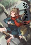  ahoge arm_support boots brown_eyes brown_hair chinese_zodiac cup facial_mark forehead_mark new_year original pointy_ears red_scarf roll_okashi scarf sitting solo tree year_of_the_monkey 