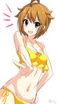  :d ahoge bikini blush breasts brown_hair cleavage hand_on_hip highres ibuki_tsubasa idolmaster idolmaster_million_live! looking_at_viewer natsu_(anta_tte_hitoha) navel open_mouth short_hair side-tie_bikini sketch small_breasts smile solo swimsuit v 