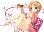  animal_slippers blush bra brown_hair bunny_slippers cup doughnut eating flower food gingham gochuumon_wa_usagi_desu_ka? hair_flower hair_ornament highres hoto_cocoa koi_(koisan) looking_at_viewer pajamas panties plaid plaid_pillow purple_eyes short_hair sitting solo tray underwear 