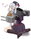  finger_to_mouth gloves heart highres kantai_collection kashima_(kantai_collection) kneehighs looking_at_viewer max_melon no_shoes shushing silver_hair sitting skirt smile solo turret twintails uniform wariza wavy_hair 