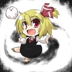  :d bangs black_dress blonde_hair blush_stickers bow chibi commentary_request dress fang goma_(gomasamune) hair_bow kedama necktie open_mouth outstretched_arms red_eyes rumia shirt side_ponytail smile solo touhou white_shirt 