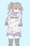  bangs brown_hair cat_lingerie checkered checkered_scarf colorized commentary_request hair_between_eyes hair_ornament hair_scrunchie hand_on_own_wrist highres himekaidou_hatate long_hair long_sleeves looking_to_the_side meme_attire nibi open-chest_sweater pink_scarf pointy_ears purple_eyes purple_shorts ribbed_sweater scarf scrunchie shorts sleeves_past_wrists solo sweater thighhighs touhou twintails 