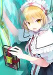  alice_margatroid anda_inmu blonde_hair book capelet dress hairband lips looking_at_viewer necktie open_mouth puffy_sleeves ribbon sash short_hair short_sleeves smile solo touhou upper_body yellow_eyes 