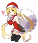  :p bare_shoulders black_legwear blonde_hair breasts cropped_legs detached_sleeves gloves hat heart highres kantai_collection long_hair max_melon sack santa_costume santa_hat satsuki_(kantai_collection) sideboob skirt small_breasts smile solo thighhighs tongue tongue_out twintails very_long_hair white_background yellow_eyes 