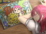  bangs book child_drawing closed_eyes crayon from_behind head_down highres koyo_(k_oee) long_hair love_live! love_live!_sunshine!! open_mouth pink_hair sakurauchi_riko school_uniform serafuku short_sleeves sketchpad sleeping solo table uranohoshi_school_uniform 