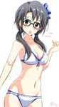  bikini black_hair blush breasts cleavage glasses highres idolmaster idolmaster_million_live! long_hair medium_breasts natsu_(anta_tte_hitoha) red_eyes sketch solo swimsuit takayama_sayoko 