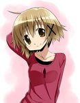  arm_behind_head brown_eyes brown_hair hair_ornament hairclip head_tilt hidamari_sketch highres looking_at_viewer percy_pyl short_hair smile solo x_hair_ornament yuno 