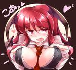  between_breasts black_dress breasts cleavage demon_wings dress fangs fumitsuki_(minaduki_6) head_wings heart koakuma large_breasts long_sleeves looking_at_viewer necktie necktie_between_breasts open_clothes open_mouth open_shirt red_eyes red_hair shirt smile solo touhou uneven_eyes upper_body valentine wings 