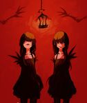  2girls arms_behind_back bangs bare_shoulders brown_hair collarbone cowboy_shot d: dilated_pupils dress hair_between_eyes lantern looking_at_viewer looking_to_the_side multiple_girls open_mouth original red red_background shadow siblings smile standing stitches twins 