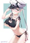  bare_shoulders black_bra black_panties blue_eyes blush bra breast_hold breasts cat_lingerie collarbone graf_zeppelin_(kantai_collection) hat hat_tip highres kantai_collection kyo_(kyo21413) large_breasts meme_attire military_hat navel panties peaked_cap side-tie_panties silver_hair solo twintails twitter_username underwear wavy_mouth 