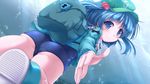  ass backpack bag blue_eyes blue_hair boots bubble hair_bobbles hair_ornament hat highres kawashiro_nitori long_sleeves looking_at_viewer lzh no_pants outstretched_hand rubber_boots school_swimsuit shirt smile solo swimsuit swimsuit_under_clothes touhou twintails two_side_up underwater 