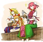  3girls arm_ribbon bad_id bad_pixiv_id bandaged_arm bandages bangs beans blonde_hair blue_skirt blush box brown_hair caught chopsticks commentary cuffs double_bun eating flower green_skirt horn horns hoshiguma_yuugi ibaraki_kasen ibuki_suika indian_style kan_(aaaaari35) long_hair long_skirt looking_afar looking_at_viewer multicolored multicolored_clothes multicolored_skirt multiple_girls open_mouth pink_eyes pink_hair plate ribbon ribbon-trimmed_skirt ribbon_trim shackles shaded_face shiny shiny_hair shirt short_sleeves sitting skirt star surprised sweatdrop tabard touhou very_long_hair white_shirt 