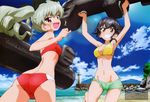  anchovy ass beach bikini bikini_shorts bikini_top black_hair blush braid brown_eyes cloud cloudy_sky crotch_seam day drill_hair girls_und_panzer green_bikini_bottom green_hair grin highres holding inflatable_toy leg_up lighthouse long_hair looking_at_viewer mismatched_bikini multiple_girls official_art open_mouth outdoors pepperoni_(girls_und_panzer) red_bikini red_eyes short_hair short_shorts shorts side_braid sky smile standing swimsuit torpedo twin_drills twintails yoshida_nobuyoshi 