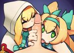  2girls bangs blazblue blonde_hair blush bow cloak fellatio ffm_threesome group_sex headband hetero hood hood_up licking long_hair multiple_fellatio multiple_girls open_mouth oral penis platinum_the_trinity pov rawsins saliva threesome tongue trinity_glassfield 