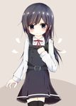  alternate_costume asashio_(kantai_collection) belt black_hair black_legwear blouse blue_eyes blush buttons cosplay dress kantai_collection kasumi_(kantai_collection) kasumi_(kantai_collection)_(cosplay) long_hair neck_ribbon nishihata_kei red_ribbon remodel_(kantai_collection) ribbon school_uniform simple_background sleeveless sleeveless_dress solo thighhighs uniform white_blouse zettai_ryouiki 