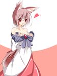  alternate_hair_length alternate_hairstyle animal_ears asn_s bare_shoulders breasts brown_hair cleavage collarbone dress heart highres imaizumi_kagerou long_sleeves off_shoulder open_mouth red_eyes short_hair small_breasts smile solo tail touhou wide_sleeves wolf_ears wolf_tail 