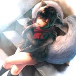  ahri alternate_costume animal_ears artist_name bibiko black_hair crossed_legs fox_ears fox_tail heart heart_tail highres league_of_legends long_hair looking_at_viewer multiple_tails red_scarf scarf sitting sitting_on_stairs socks solo stairs sweater tail whisker_markings yellow_eyes 