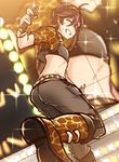  animal_print black_hair boots bracelet brown_eyes cargo_pants crop_top foreshortening from_behind grin hairband holding holding_microphone jacket jewelry jojo_no_kimyou_na_bouken looking_back male_focus microphone narancia_ghirga one_eye_closed pants seta_makoto smile solo sparkle sweat zoom_layer 