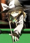  billiards black_dress black_gloves blonde_hair bow cue_stick dena.ei dress fingerless_gloves gloves hair_over_one_eye hat hat_bow highres kirisame_marisa long_sleeves looking_at_viewer shirt smile smirk solo touhou white_bow witch_hat yellow_eyes 