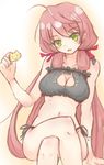  akashi_(kantai_collection) black_panties blush bra breasts cat_cutout cat_lingerie cleavage cleavage_cutout commentary_request crossed_legs fino green_eyes hair_ribbon highres hip_vent kantai_collection large_breasts long_hair looking_at_viewer meme_attire navel open_mouth panties pink_hair ribbon side-tie_panties sitting smile solo tress_ribbon underwear underwear_only 