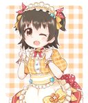  :d ;d akagi_miria apron araki495 bell bell_collar black_hair bow brown_eyes checkered checkered_background clenched_hand collar dress idolmaster idolmaster_cinderella_girls jingle_bell maid_apron maid_headdress one_eye_closed open_mouth plaid plaid_background polka_dot polka_dot_bow short_twintails smile solo twintails v 