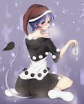 alcohol asahi_breweries ass back bad_id bad_pixiv_id beer beer_can black_dress blue_eyes blue_hair blush can doremy_sweet dress drunk finger_licking from_behind full_body hat licking light_particles multicolored multicolored_clothes multicolored_dress nightcap off_shoulder pom_pom_(clothes) short_hair short_sleeves socks solo tail tapir_tail touhou toyosaki_shu white_dress white_legwear 