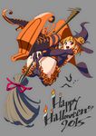  2015 bad_id bad_pixiv_id bat boots broom broom_riding candle cross-laced_footwear full_body grey_background halloween happy_halloween hat iseki_shuuichi lace-up_boots looking_at_viewer nail_polish orange_hair orange_nails original pointy_boots red_eyes simple_background smile solo striped striped_legwear thighhighs witch witch_hat 